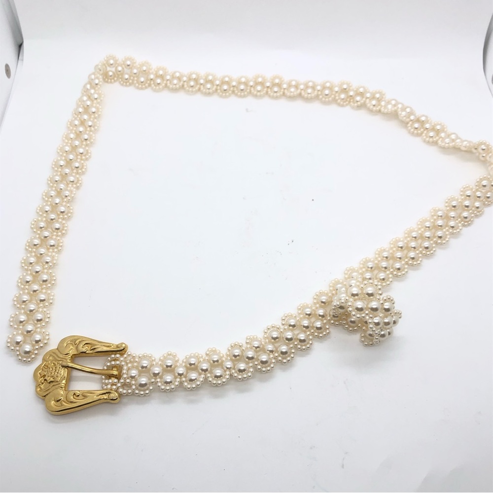 Faux Pearl Belt Gold Tone Buckle